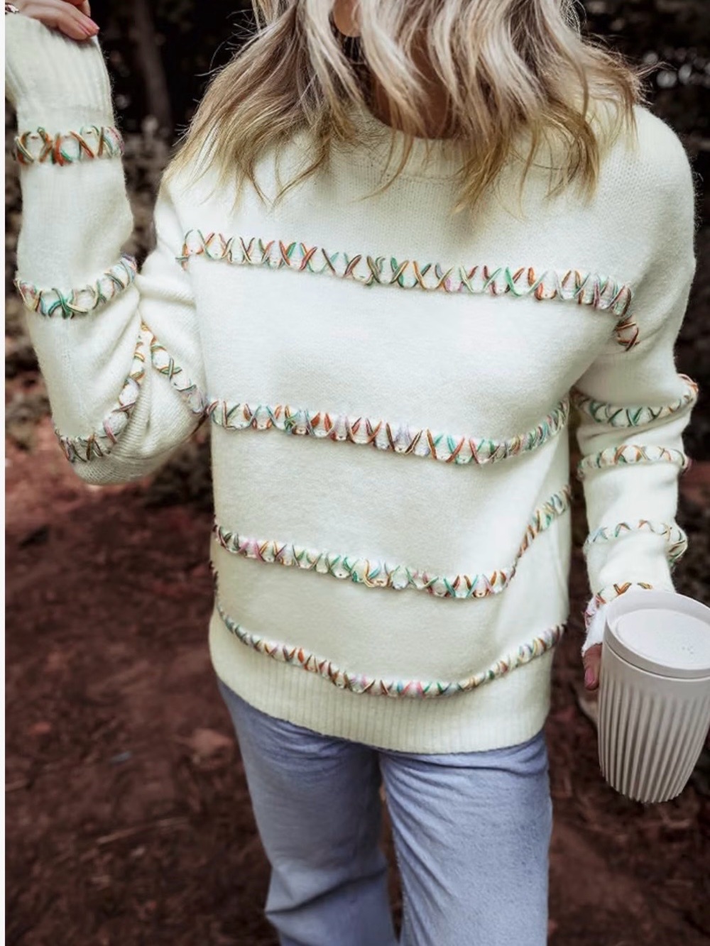 Cozy Cream Crewneck Sweater with Multicolor Braided Trim
